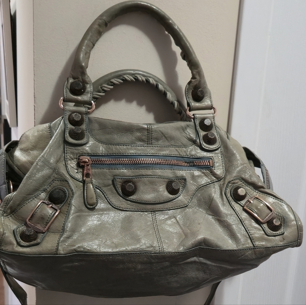 Authentic Balenciaga Olive Green Leather Satchel Bag